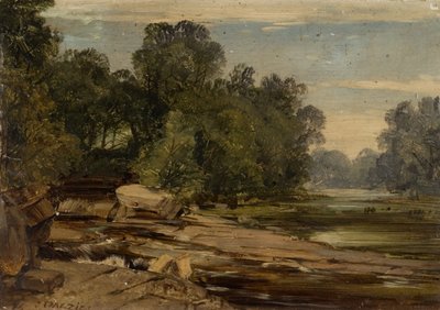 Scène de rivière avec rochers et arbres - James B. Dalziel